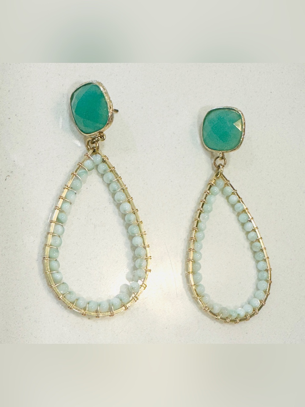 Aqua Beaded Teardrop Statement Earrings Gold Tone Dangle Drop Boho